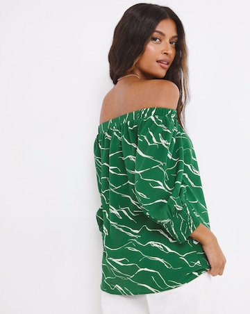 Green Print Three Quarter Sleeve Bardot Top