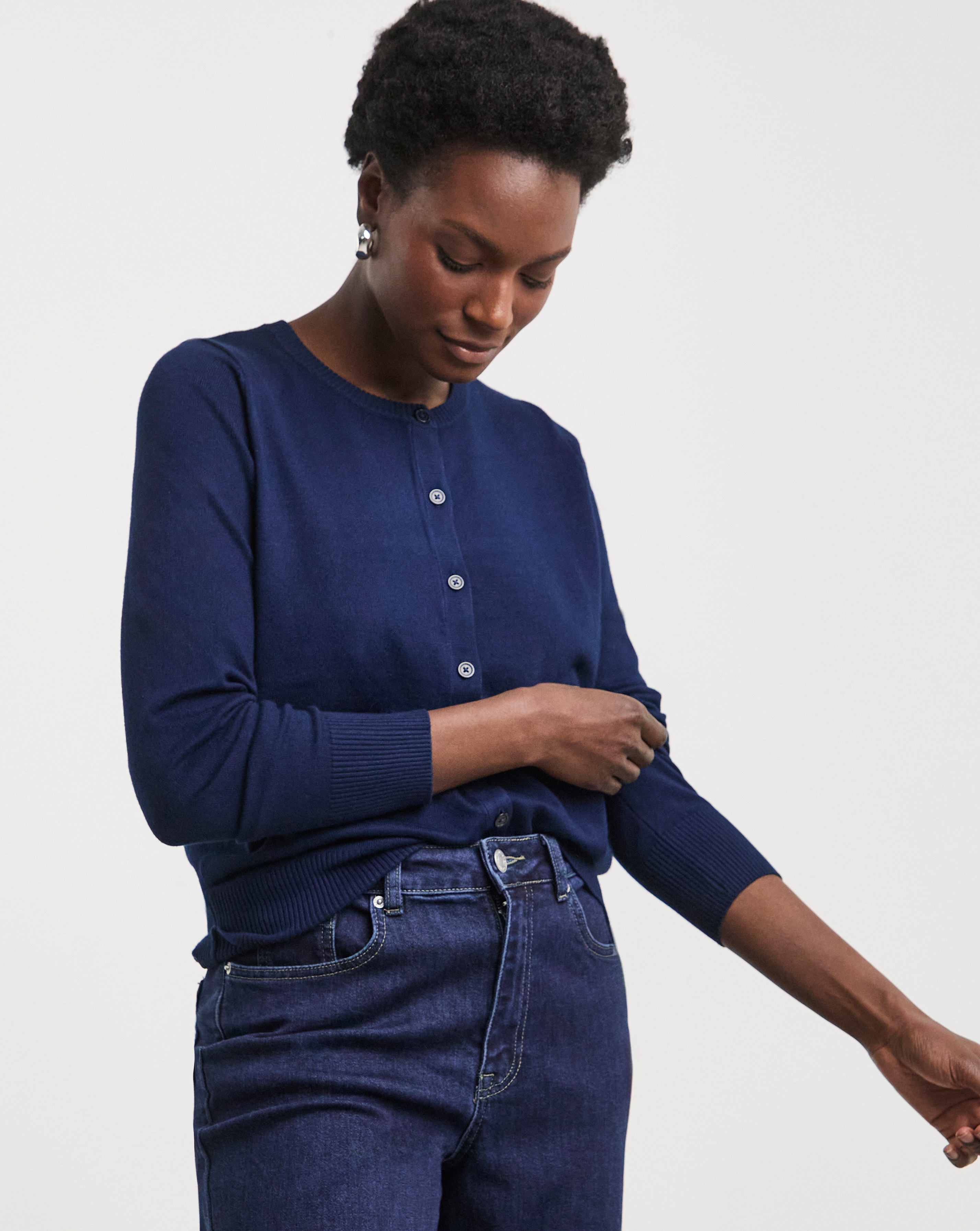 Fine Knit Navy Crew Neck Cardigan