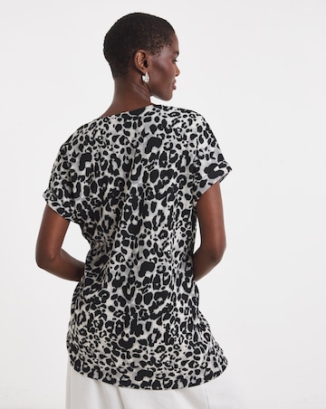 Grey Leopard V-Neck Zip Front Longline Top