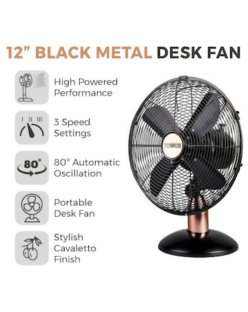 Tower 12 Black & Rose Gold Cavaletto Metal Desk Fan