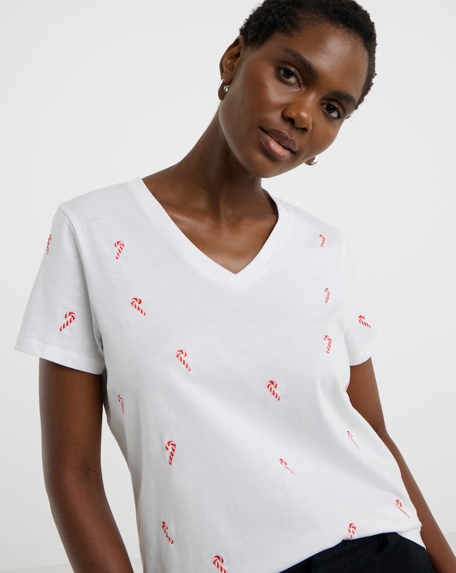 Christmas Candy Cane Embroidered T-Shirt