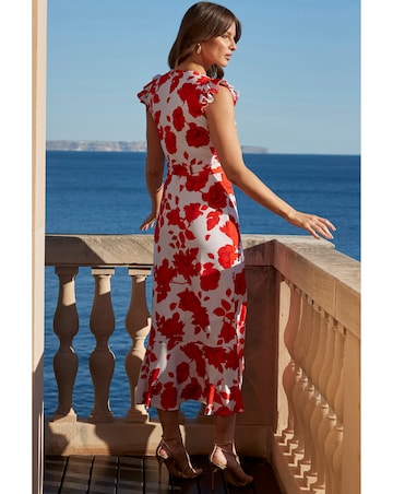 Sosandar Red & Ivory Floral Print Ruffle Hem Midi Dress