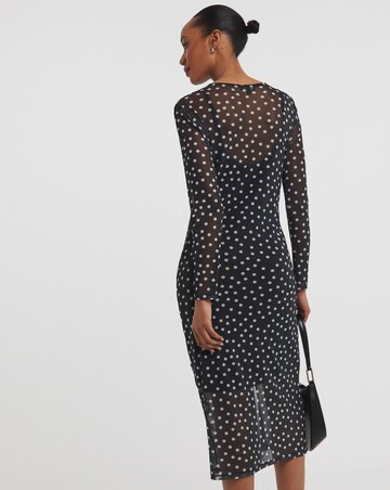 Spot Mesh Ruched Midi Dress