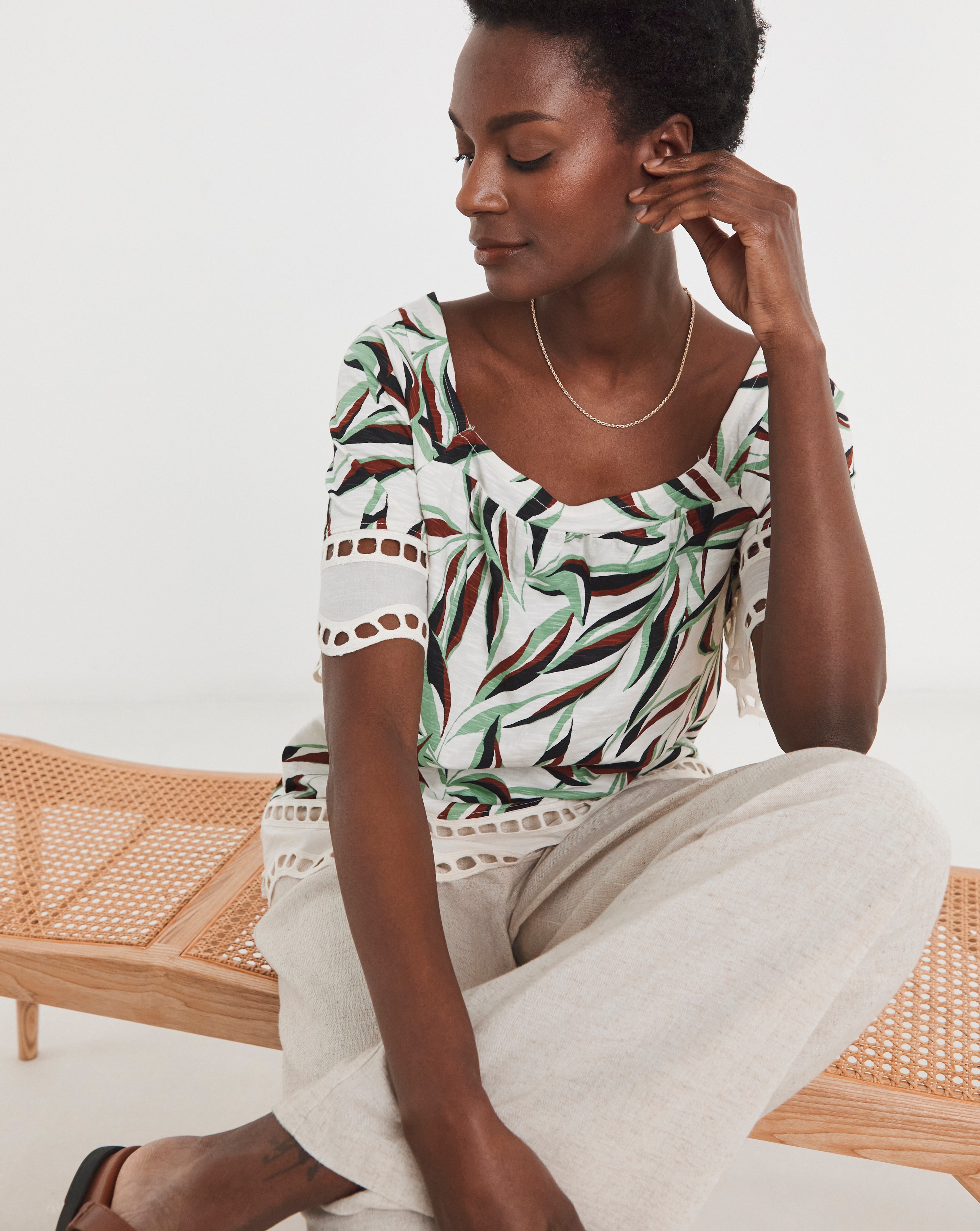 Pure Cotton Square Neck Broderie Sleeve and Hem Top