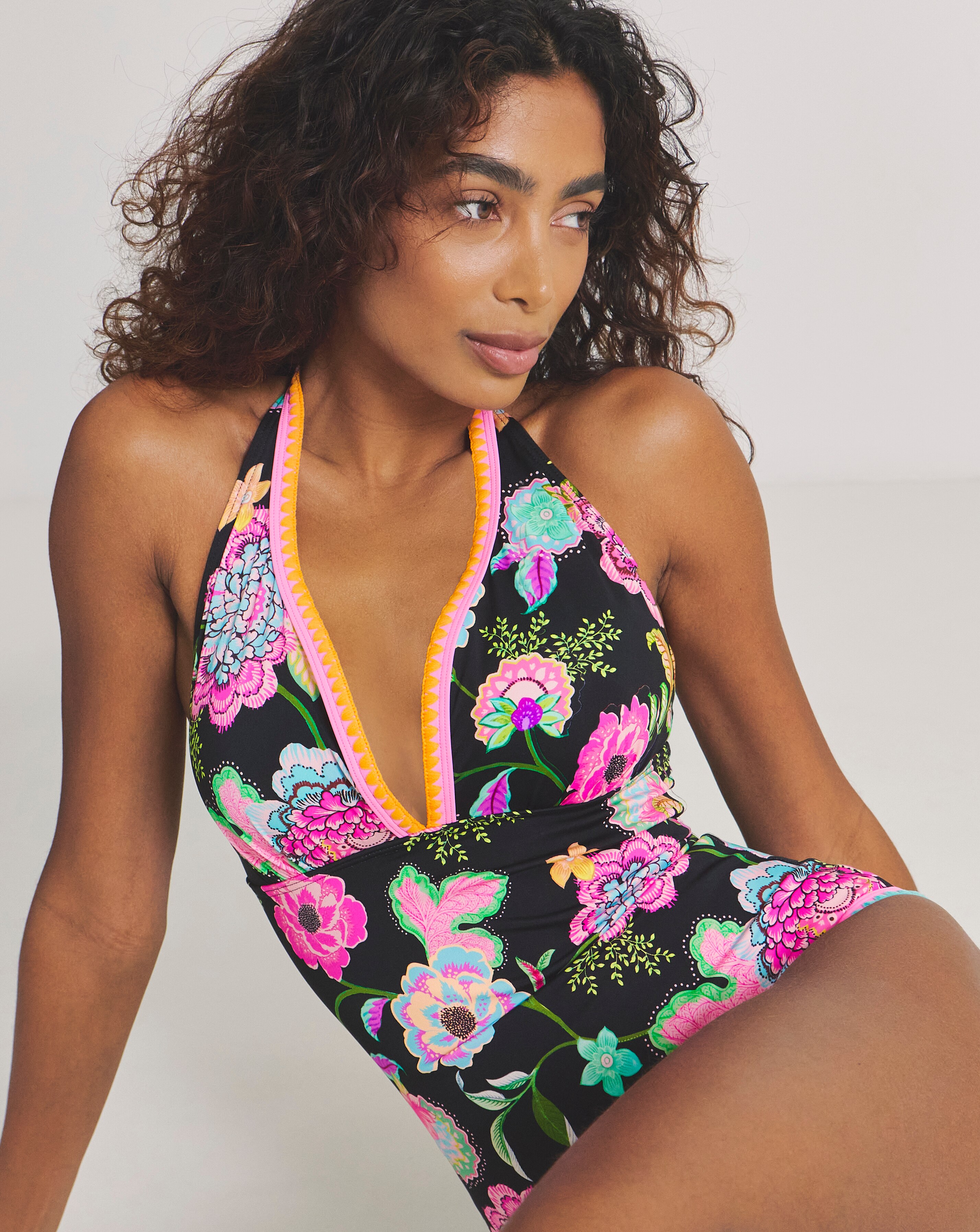 Figleaves Plunge Halterneck Swimsuit Floral Print