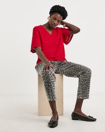 Pure Cotton Red Broderie V-Neck Angel Sleeve Top