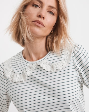 Pure Cotton Stripe Crew Neck Lace Collar Top