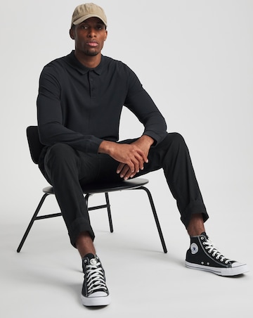 Pure Cotton Long Sleeve Pique Polo Long Length- Black