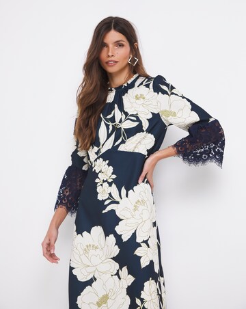 Joanna Hope Printed Lace Sleeve Midi Dress