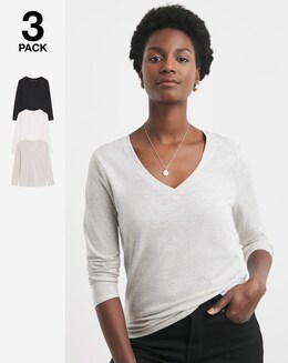 Pure Cotton 3 Pack The V Neck Long Sleeve T-Shirt