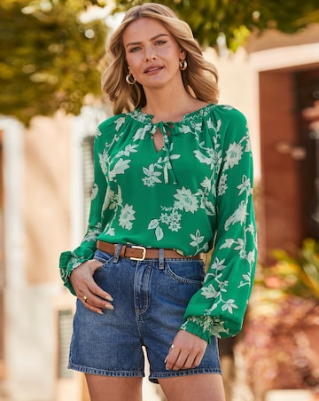 Sosandar Green Floral Print Tie Detail Blouse