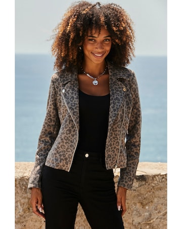Sosandar Faux Suede Animal Biker Jacket