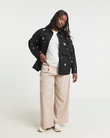 Simply Be Washed Black Floral Embroidered Utility Shacket