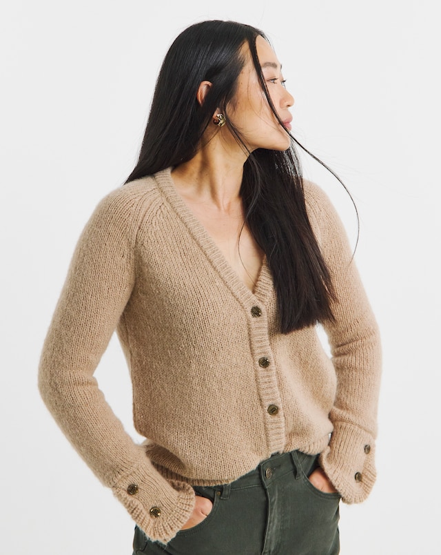Frill Sleeve Fluffy Yarn Cardigan - Camel