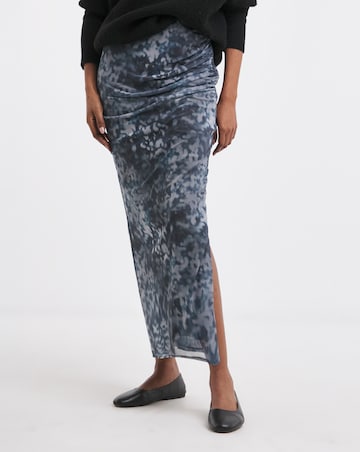 Printed Mesh Ruched Column Maxi Skirt