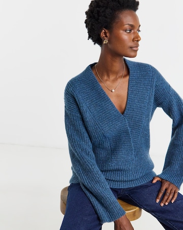 Blue Deep V Neck Knitted Jumper