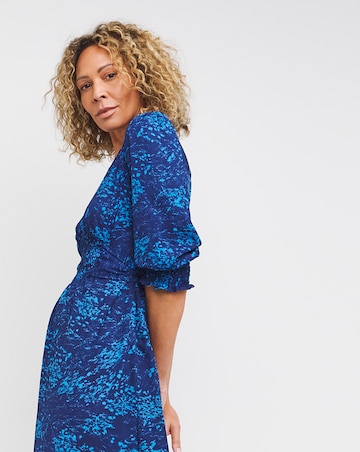 Blue Print Tie Front Shirred Detail Midi Dress