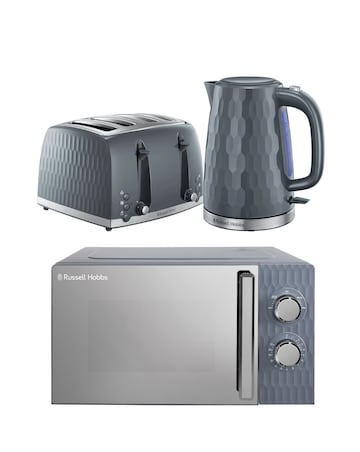 Russell Hobbs Grey Honeycomb Bundle - Kettle, 4 Slice Toaster & Microwave