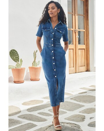 Sosandar Short Sleeve Button Front Denim Midaxi Dress