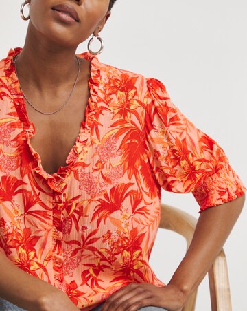 Tropical Print Crinkle Frill Trim Top