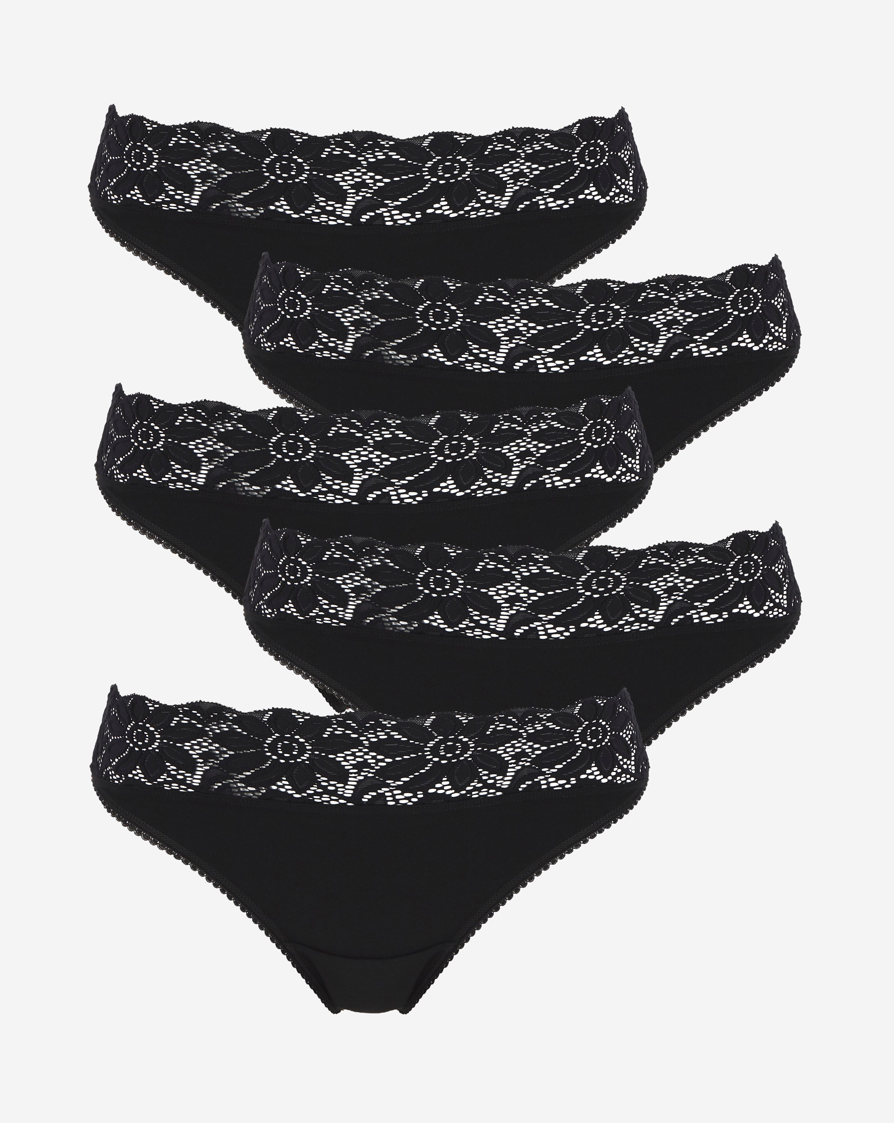 Pretty Secrets (5 Pack) Lace Top Thong Knickers Black