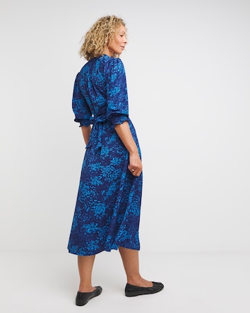 Blue Print Tie Front Shirred Detail Midi Dress