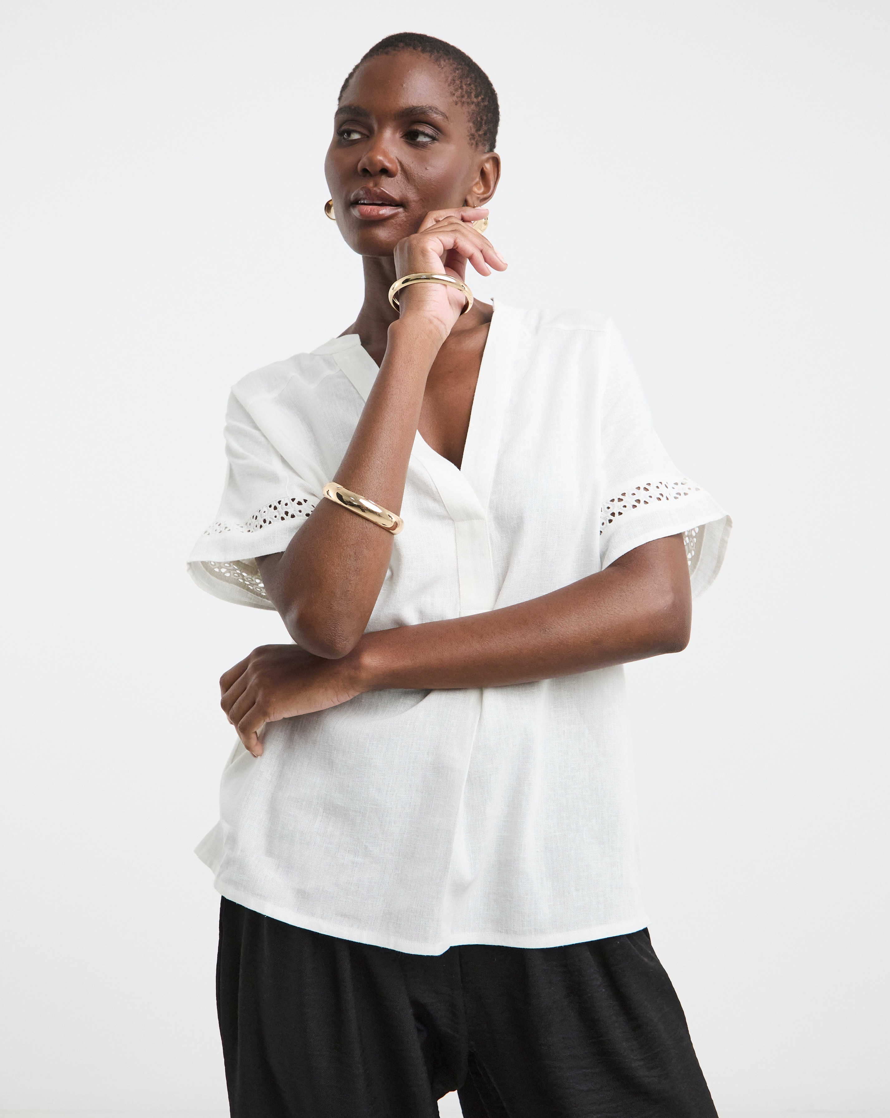 トップス BIO wear LAYERED OVERPRINTED TEE M Crochet Trim Linen Mix Tunic Top | JD Williams
