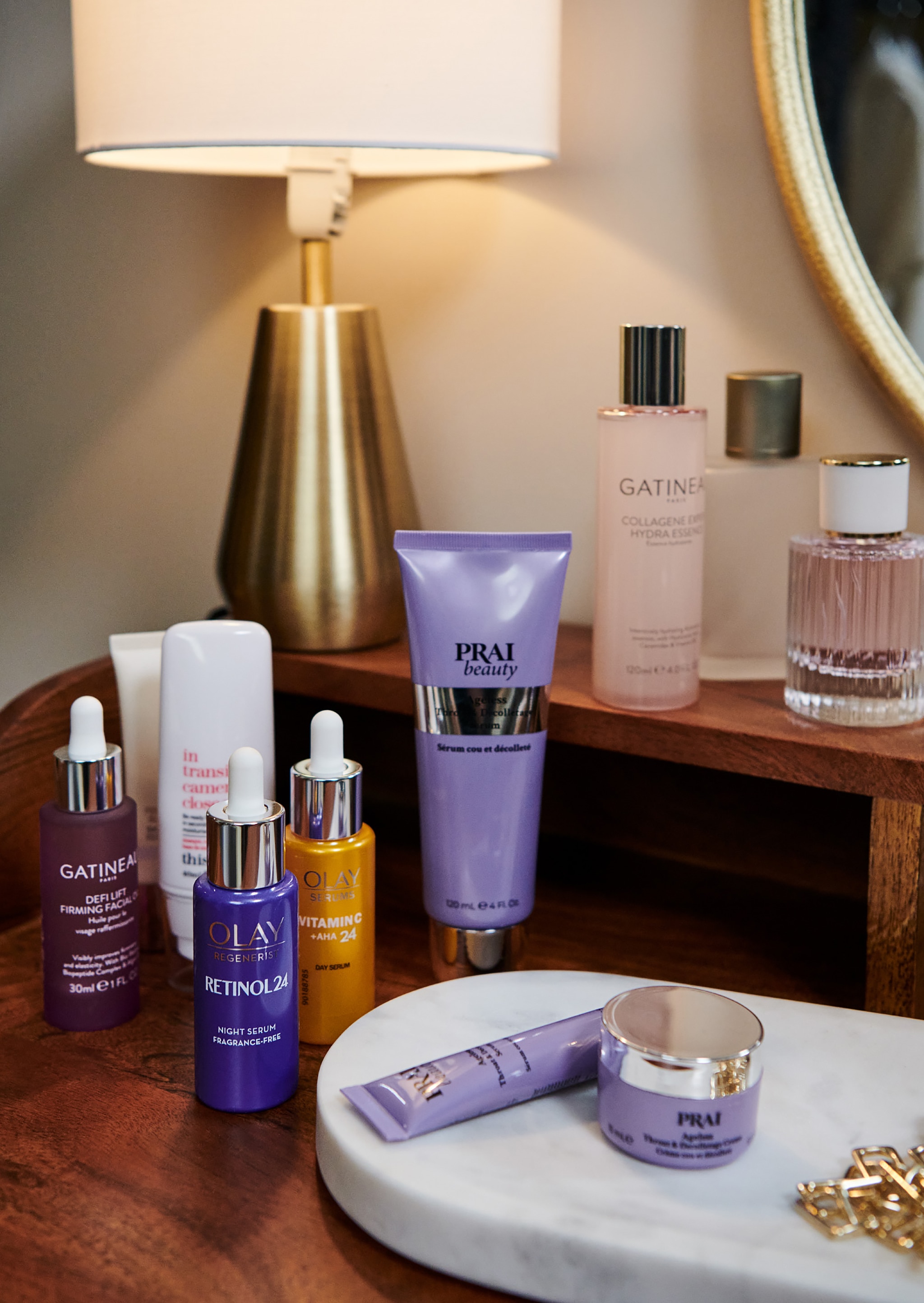 A selection of beauty products on a sideboard