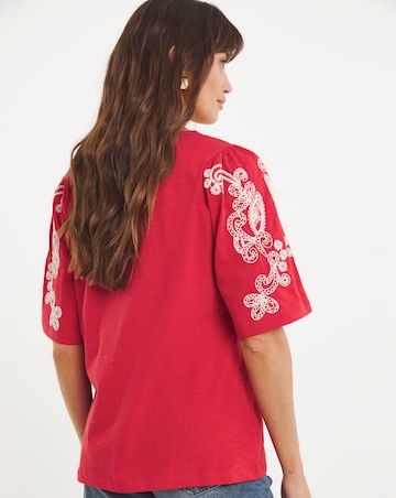 Pure Cotton V Neck Embriodered Sleeve Top