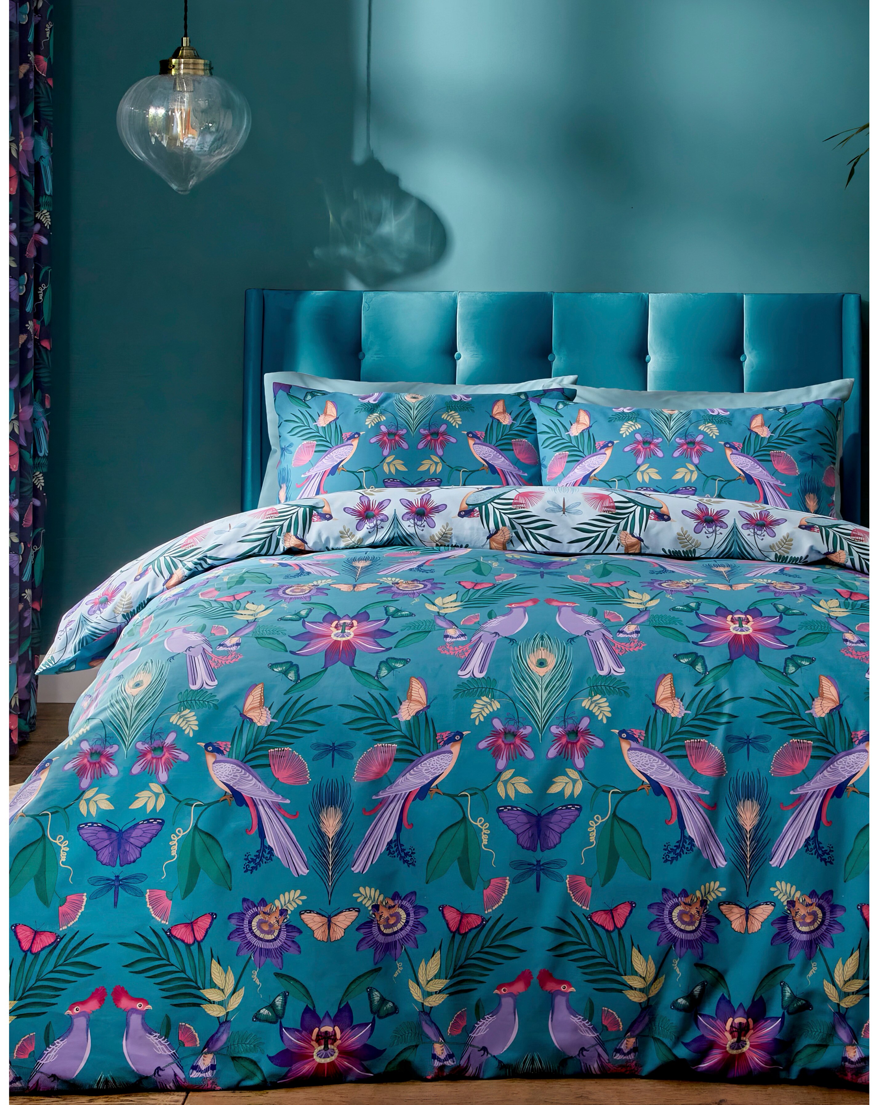 Catherine Lansfield Mya Tropical Floral Reversible King Duvet Cover Set - Duck Egg Blue