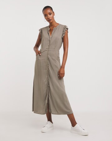 Collarless Frill Sleeve Pocket Shirt Dress