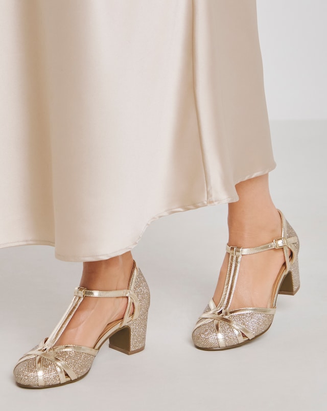 Dolores Low Block Heel T Bar Shoes - Wide Fit (E)