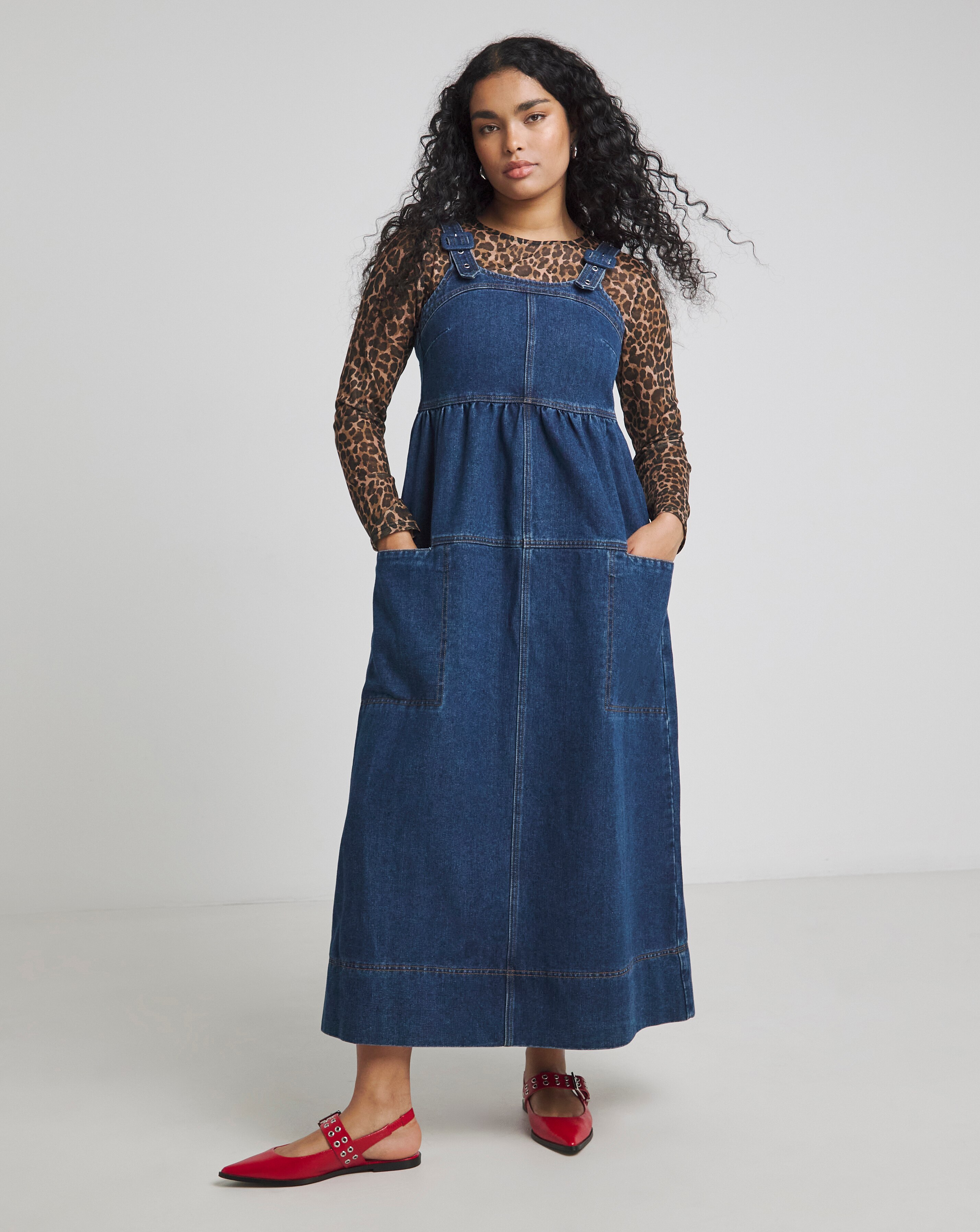 Simply Be Mid Blue Denim Covered Buckle Dungaree Midaxi Dress | JD