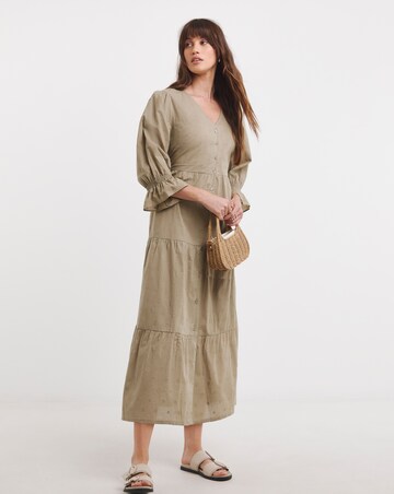 Cotton Dobby Button Through Smock Dress With Puff Sleeves