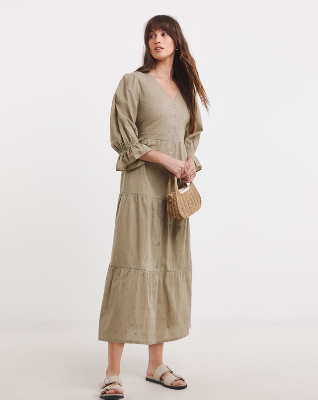 Cotton Dobby Button Through Smock Dress With Puff Sleeves