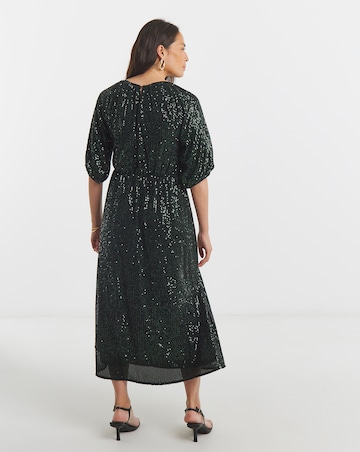 Linear Sequin Puff Sleeve Midi Dress