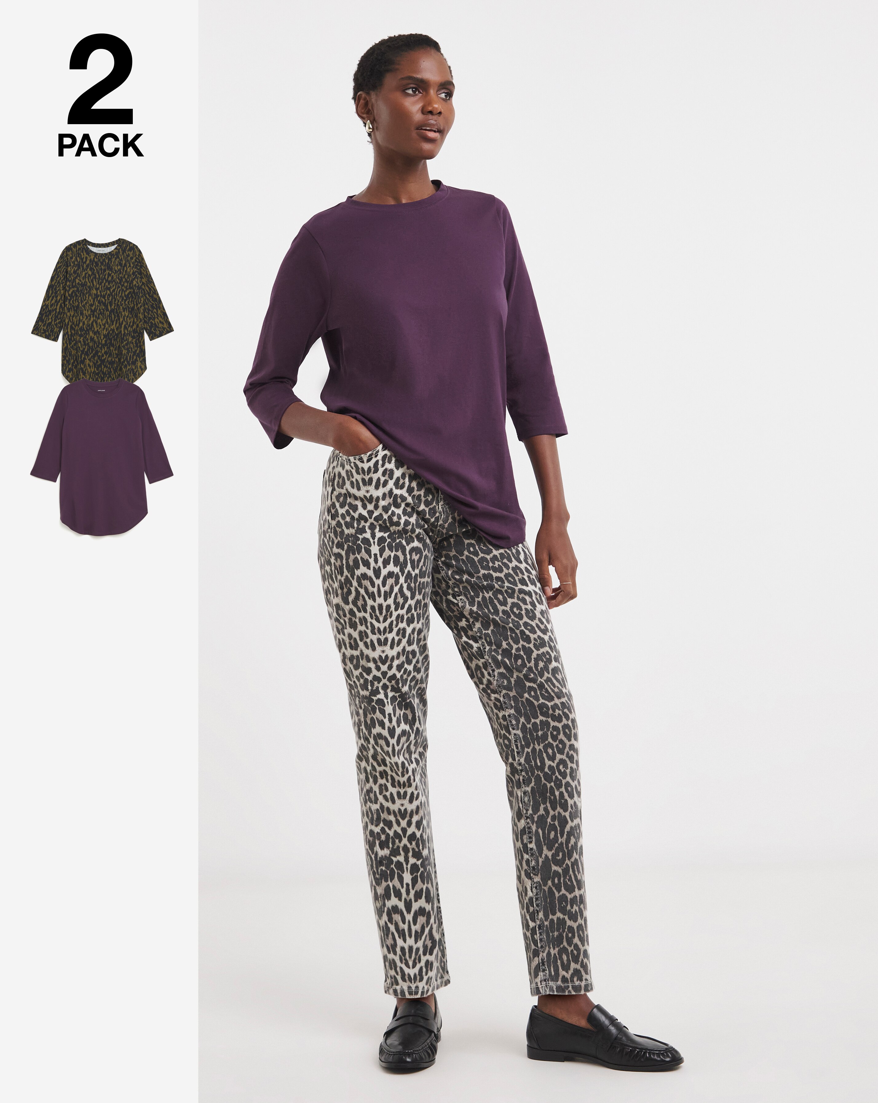 2 Pack Longline Curved Hem 3/4 Sleeve T-shirts