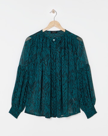 Womens Georgette Collarless Blouson Sleeve Blouse - Green Animal