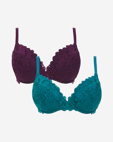 Pretty Secrets (2 Pack) Daisy Lace Plunge Wired Bras (B-F) Green/Plum