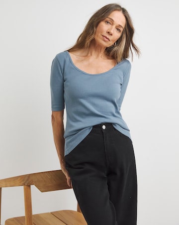 Pure Cotton Steel Blue Scoop Neck Half Sleeve Top