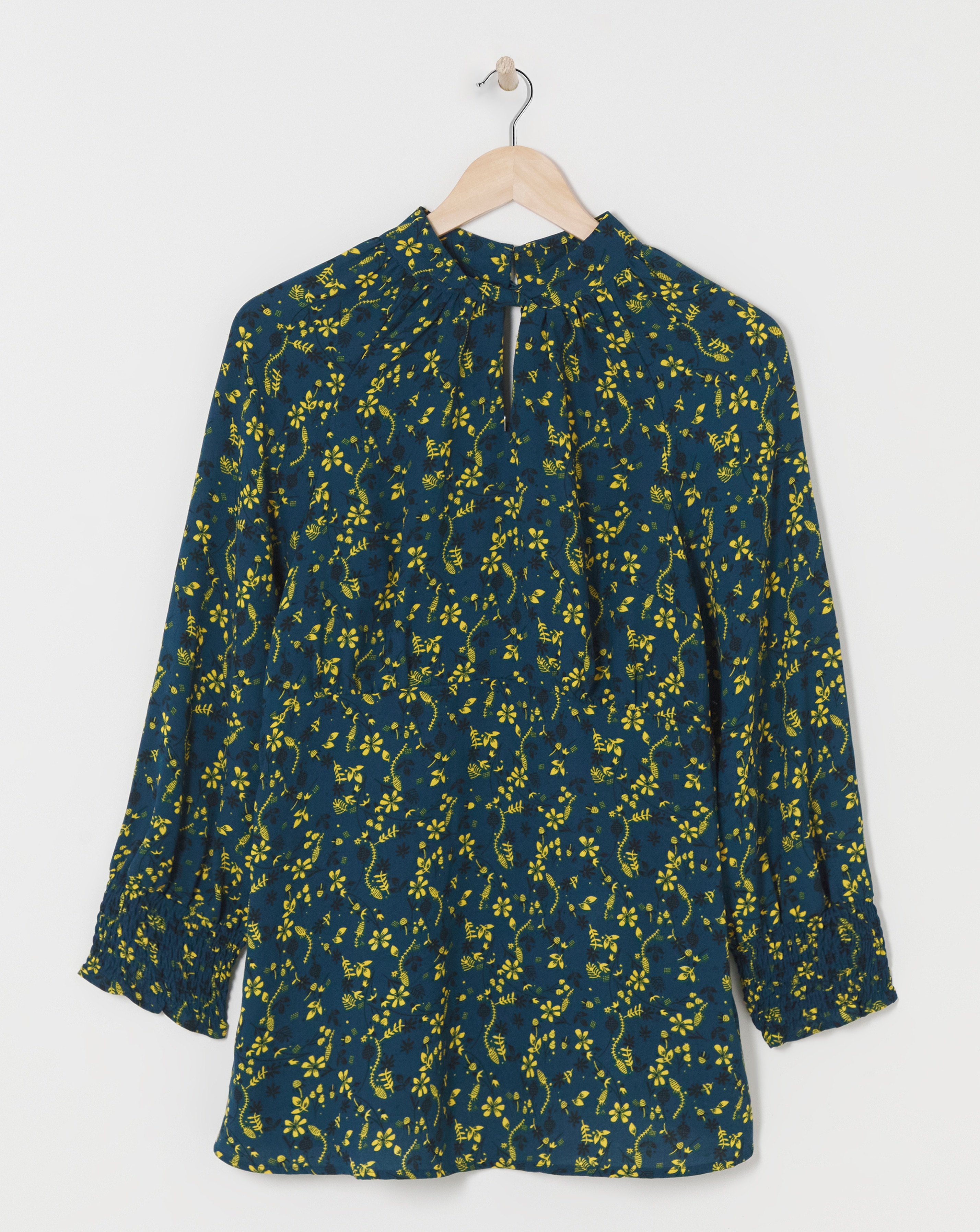Yellow Floral High Twist Neck Long Sleeve Top