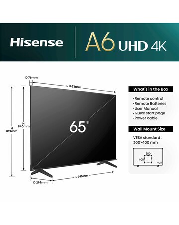 Hisense 65in 65A6NTUK Smart 4K UHD HDR LED TV and 3.1ch 180W Soundbar Bundle