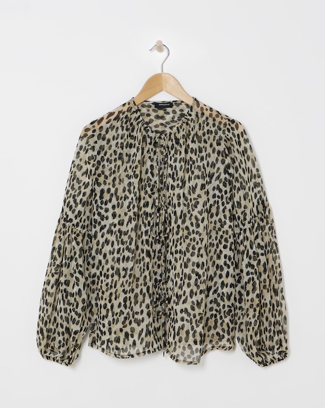Georgette Blouson Sleeve Tie Detail Blouse - Leopard