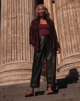 Black PU Button Barrel Leg Trouser