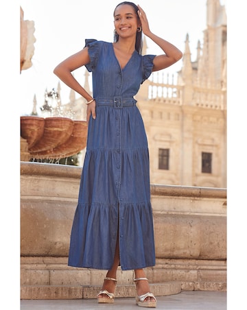 Sosandar Ruffle Sleeve Tiered Hem Midi Dress