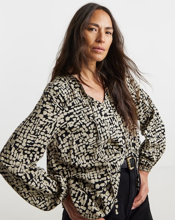 Tie Detail Ruched Long Sleeve Blouse - Mono Print