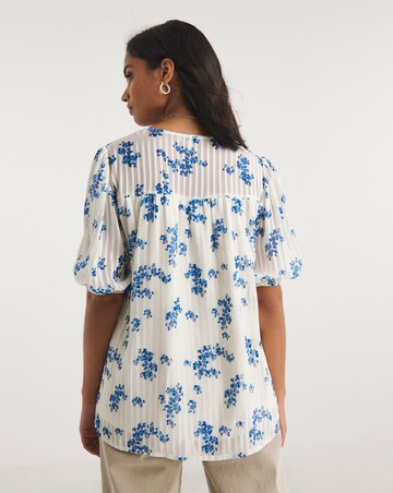 Blue Floral Print Burnout Stripe Top