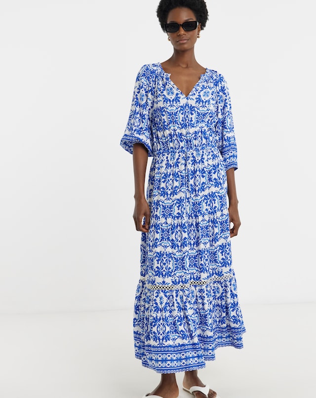 Border Print Tiered Maxi Dress