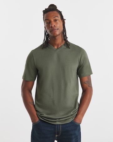 Pure Cotton V Neck T-Shirt Long Length-Khaki