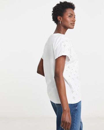 Pure Cotton White V-Neck Broderie Short Sleeve T-Shirt